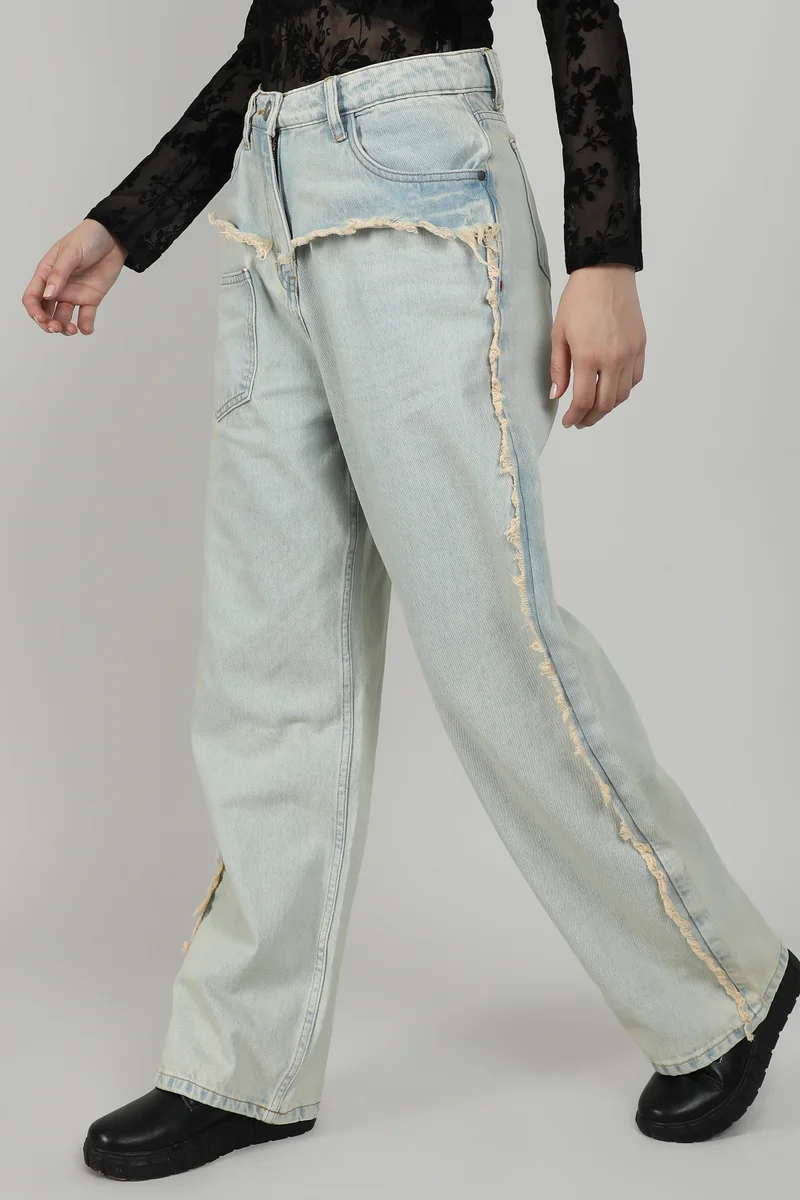 Campus Sutra Women's Light Blue Fringed Straight Denim Jeans