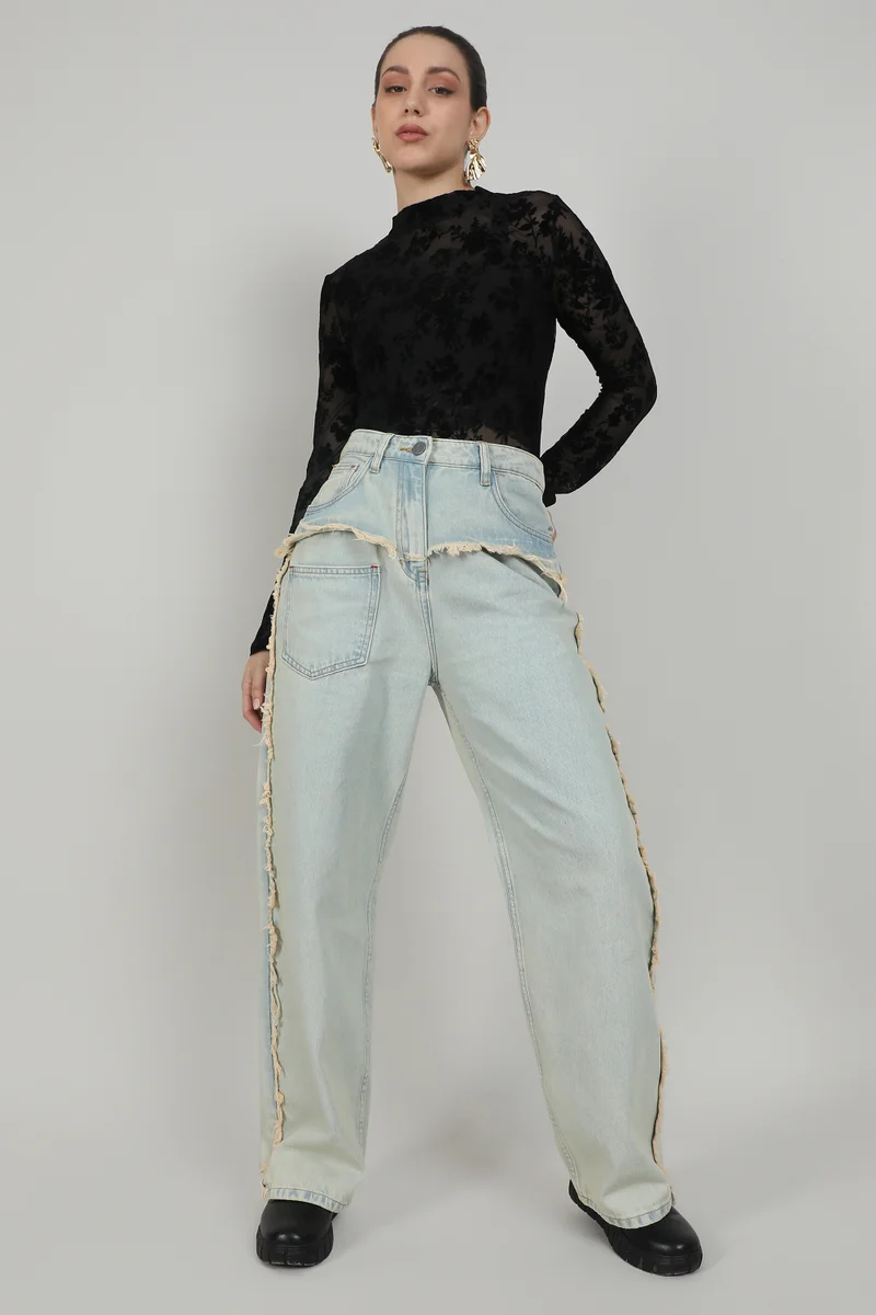Campus Sutra Women's Light Blue Fringed Straight Denim Jeans