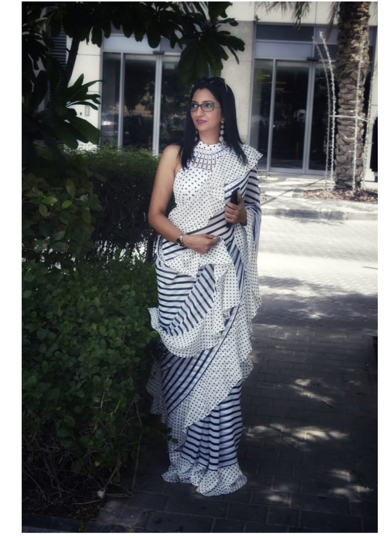 Grab Mantra - Black White Polka And Stripes Combination Ruffle Saree With Satin Polka Blouse - Image 1