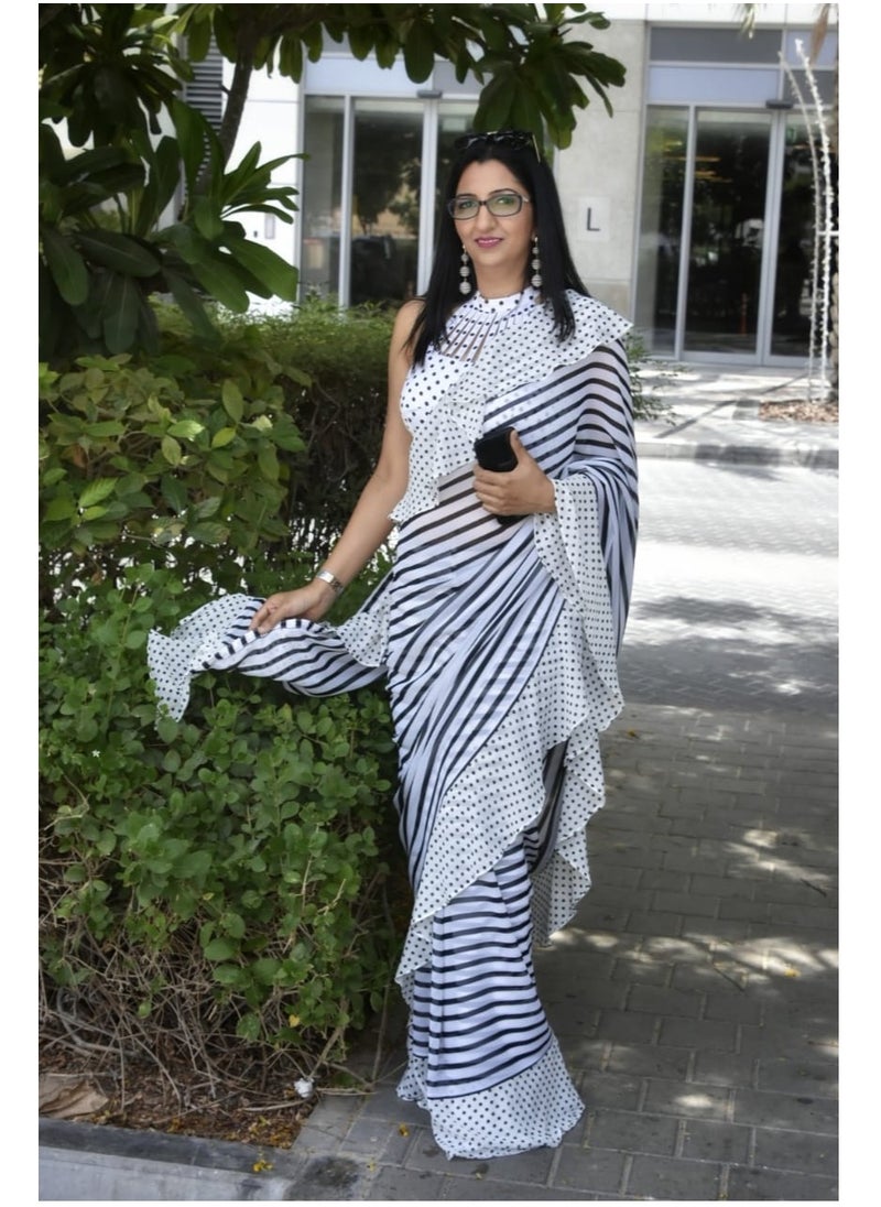 Grab Mantra - Black White Polka And Stripes Combination Ruffle Saree With Satin Polka Blouse - Image 1