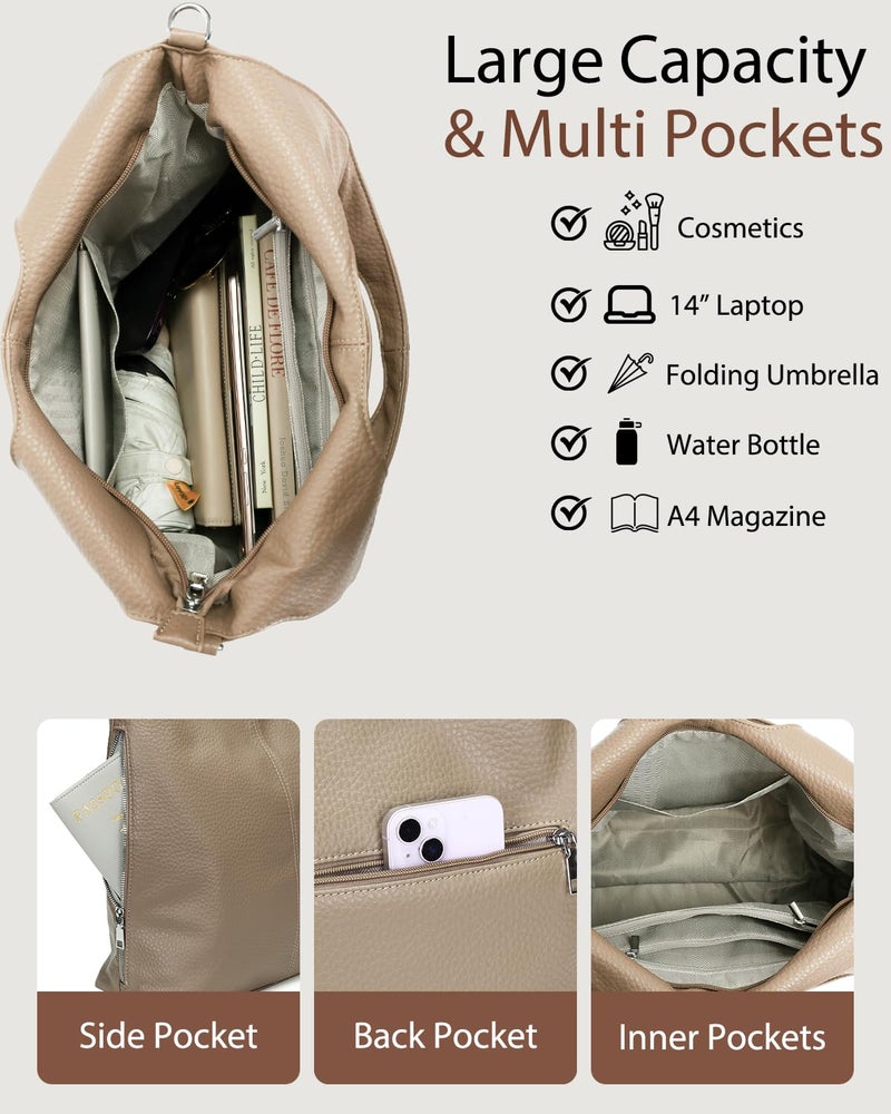Herald Slouchy Hobo Shoulder Bag for Women Soft Retro Top Handle Crossbody Purses Tote Handbag with Adjustable Strap (Khaki) - Image 4