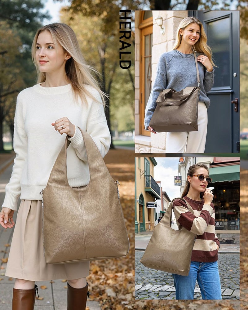 Herald Slouchy Hobo Shoulder Bag for Women Soft Retro Top Handle Crossbody Purses Tote Handbag with Adjustable Strap (Khaki) - Image 2
