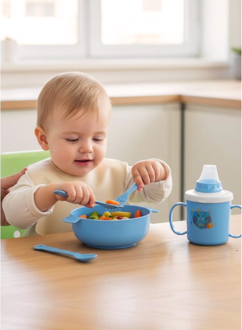 Kids 4-Piece Tableware Set – Cup, Plate, Spoon, Fork, Safe Spill-Proof Lid, Easy-Grip Handles, Colors Pink/Blue/Light Green (Random) - Image 1
