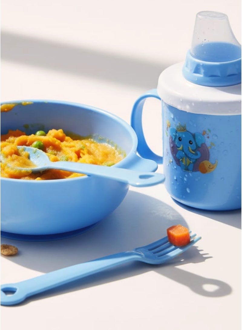 Kids 4-Piece Tableware Set – Cup, Plate, Spoon, Fork, Safe Spill-Proof Lid, Easy-Grip Handles, Colors Pink/Blue/Light Green (Random) - Image 3
