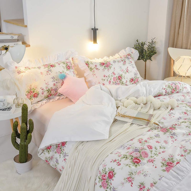FADFAY Shabby Floral Duvet Cover Set 100 Cotton Chic Bulgaria Rose Farmhouse Bedding Pink and White Reversible ed Cover Super Soft 600 TC Girls Zipper 3 Pcs Full Size