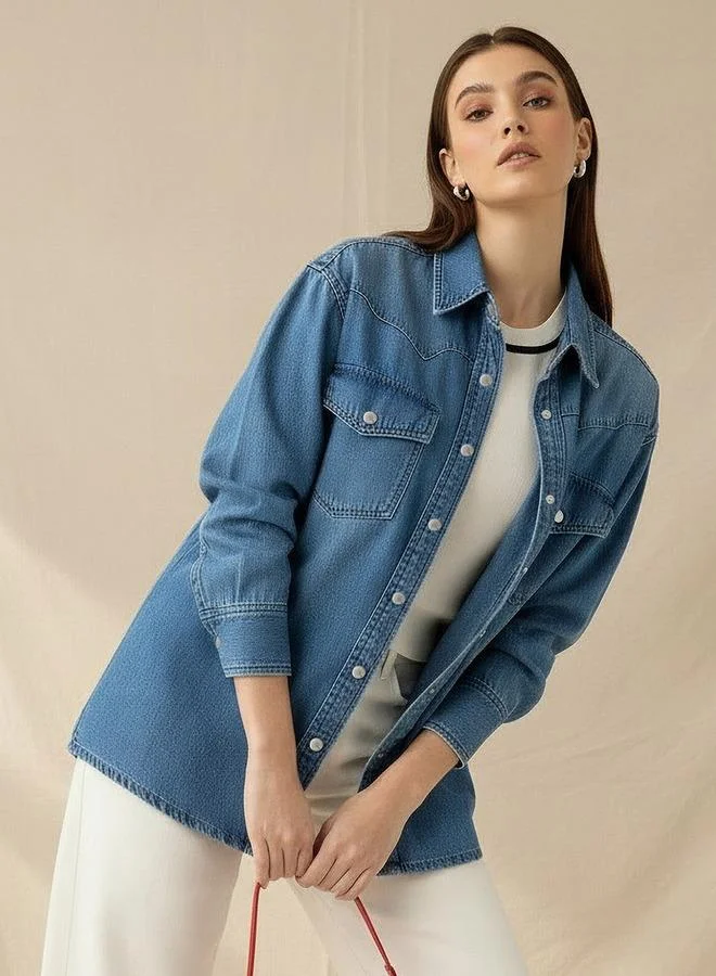 Splash FAV Oversized Cotton Denim Shirt with Chest Pockets