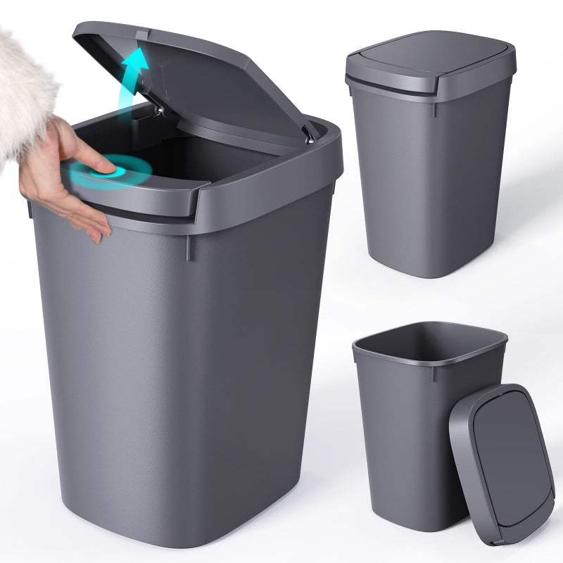 CEROELDA 3 Pack Bathroom Trash Can with Lid 10L26 Gal Small Garbage Can with Press Top Lid Slim Plastic Waste Basket for Toilet Office Bedroom Grey 3 Pack