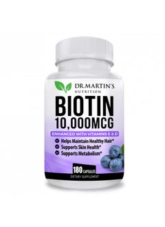 DR. MARTIN'S NUTRITION Biotin 10000 mcg Enhanced with Vitamin D & E | 180 Count| for Healthy Hair, Skin & Nails | Energy Support | Vitamin B7 | Non-GMO | USA FORMULATED