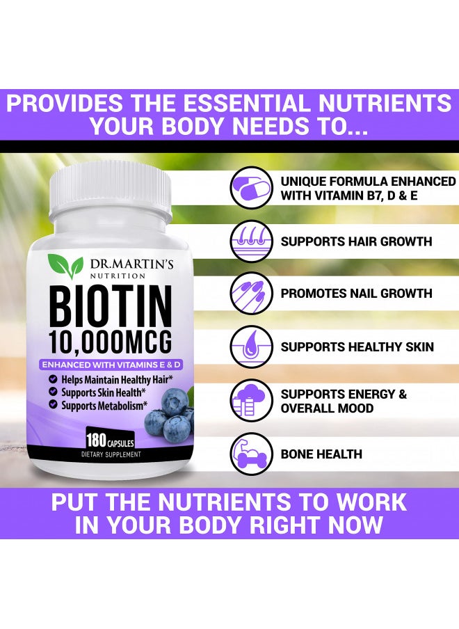 DR. MARTIN'S NUTRITION - DR. MARTIN'S NUTRITION Biotin 10000 mcg Enhanced with Vitamin D & E | 180 Count| for Healthy Hair, Skin & Nails | Energy Support | Vitamin B7 | Non-GMO | USA FORMULATED - Image 1