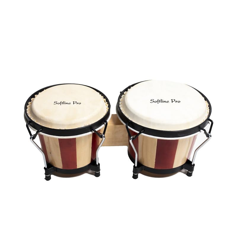 Softline Pro SP-BNG-RNT Bongo Drum Set with Tuning Wrench & Padded Professional Wooden Percussion Instrument for Beginner Adults Kids - Natural Skin (Red Stripe - Normal) - Image 2