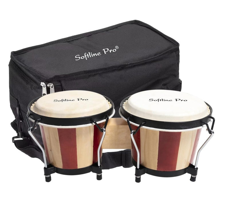 Softline Pro SP-BNG-RNT Bongo Drum Set with Tuning Wrench & Padded Professional Wooden Percussion Instrument for Beginner Adults Kids - Natural Skin (Red Stripe - Normal) - Image 1