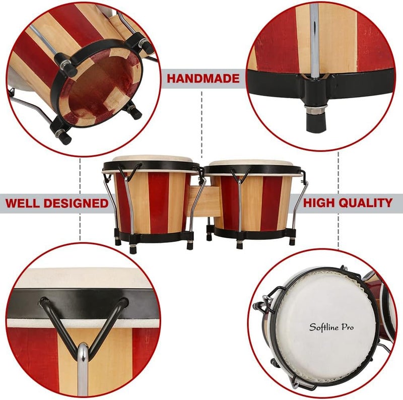 Softline Pro SP-BNG-RNT Bongo Drum Set with Tuning Wrench & Padded Professional Wooden Percussion Instrument for Beginner Adults Kids - Natural Skin (Red Stripe - Normal) - Image 5