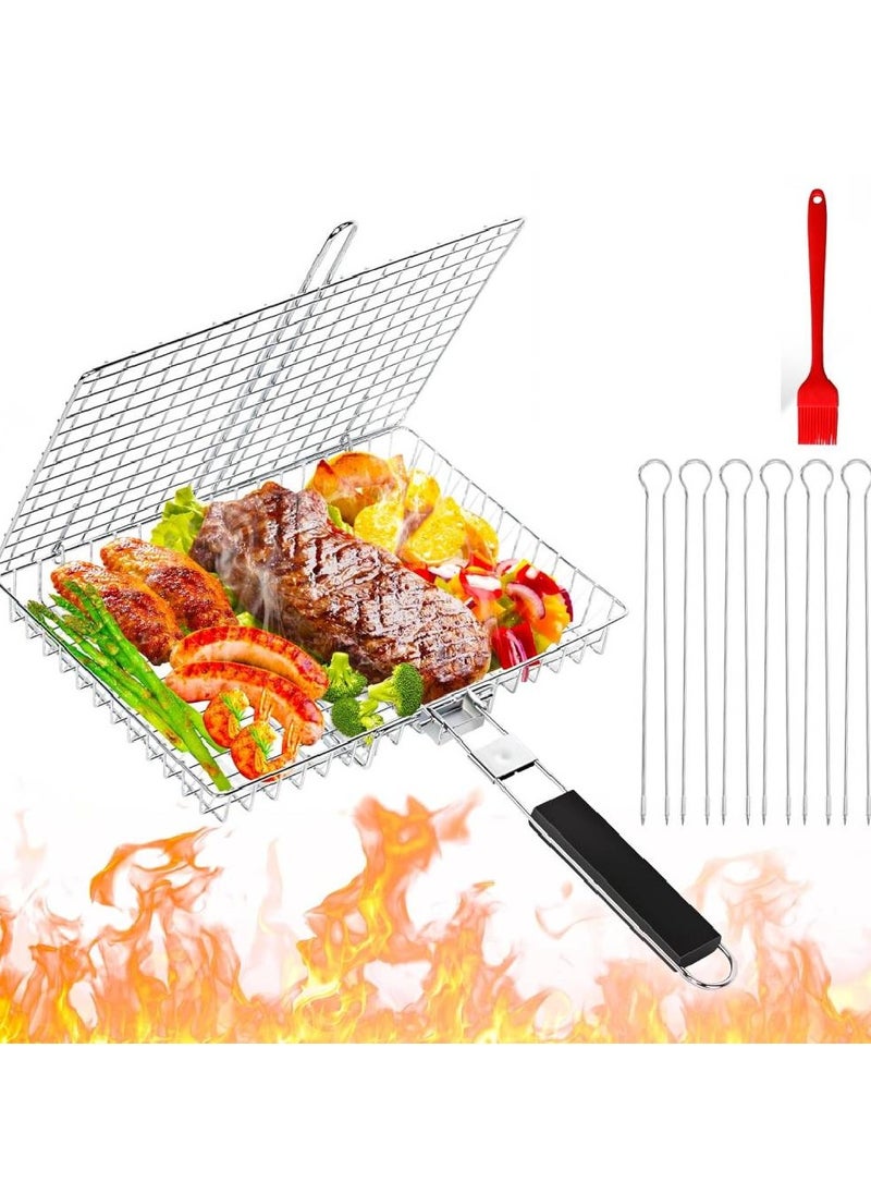 LIXES Grill Basket,BBQ Grilling Basket,Large Folding Grilling Baskets with Handle,Portable Barbecue Rack for Meat,Fish,Shrimp,Vegetables,BBQ Foods,Include 6 Stainless Steel Skewer,1 Basting Brush,1 Box  - Image 1