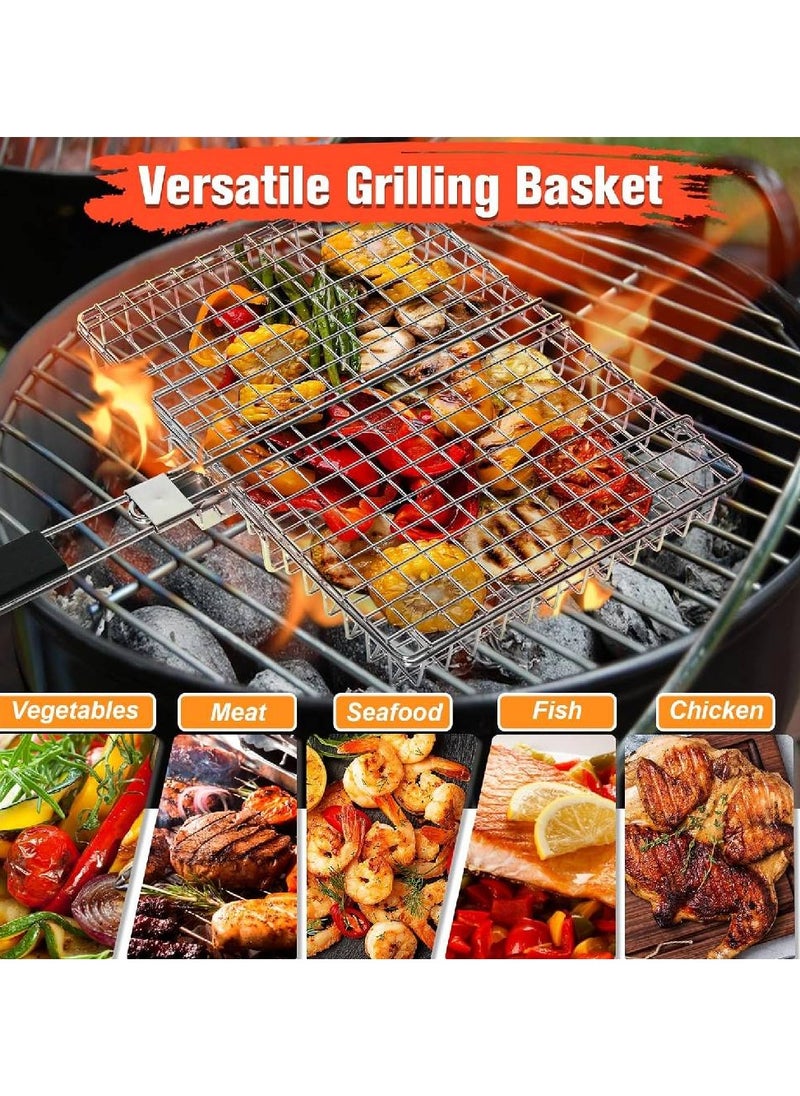 LIXES Grill Basket,BBQ Grilling Basket,Large Folding Grilling Baskets with Handle,Portable Barbecue Rack for Meat,Fish,Shrimp,Vegetables,BBQ Foods,Include 6 Stainless Steel Skewer,1 Basting Brush,1 Box  - Image 2