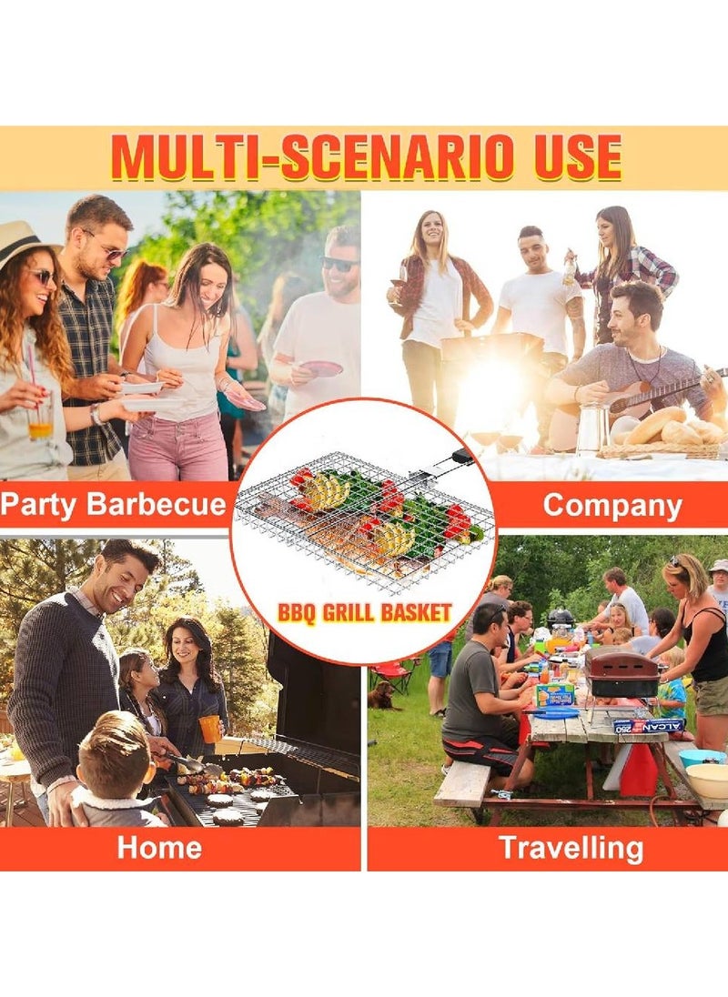 LIXES Grill Basket,BBQ Grilling Basket,Large Folding Grilling Baskets with Handle,Portable Barbecue Rack for Meat,Fish,Shrimp,Vegetables,BBQ Foods,Include 6 Stainless Steel Skewer,1 Basting Brush,1 Box  - Image 3