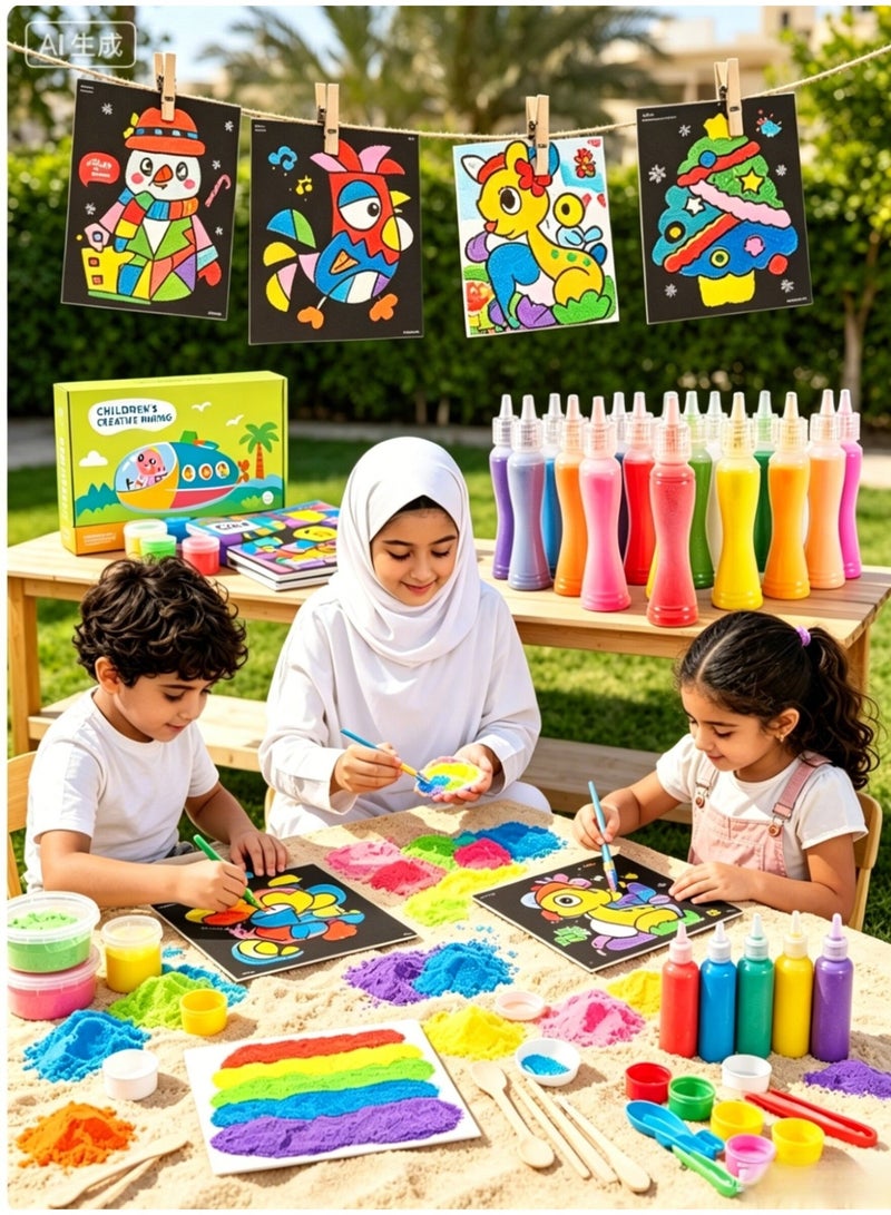 Joudiplay Children’s coloured sand art set, bottle-style shake-and-create sand art set, creative DIY sand art craft set for toddlers, complete DIY sand art kit including 12 colours of sand, 12 picture sheets and a sand tray, animal theme - Image 1