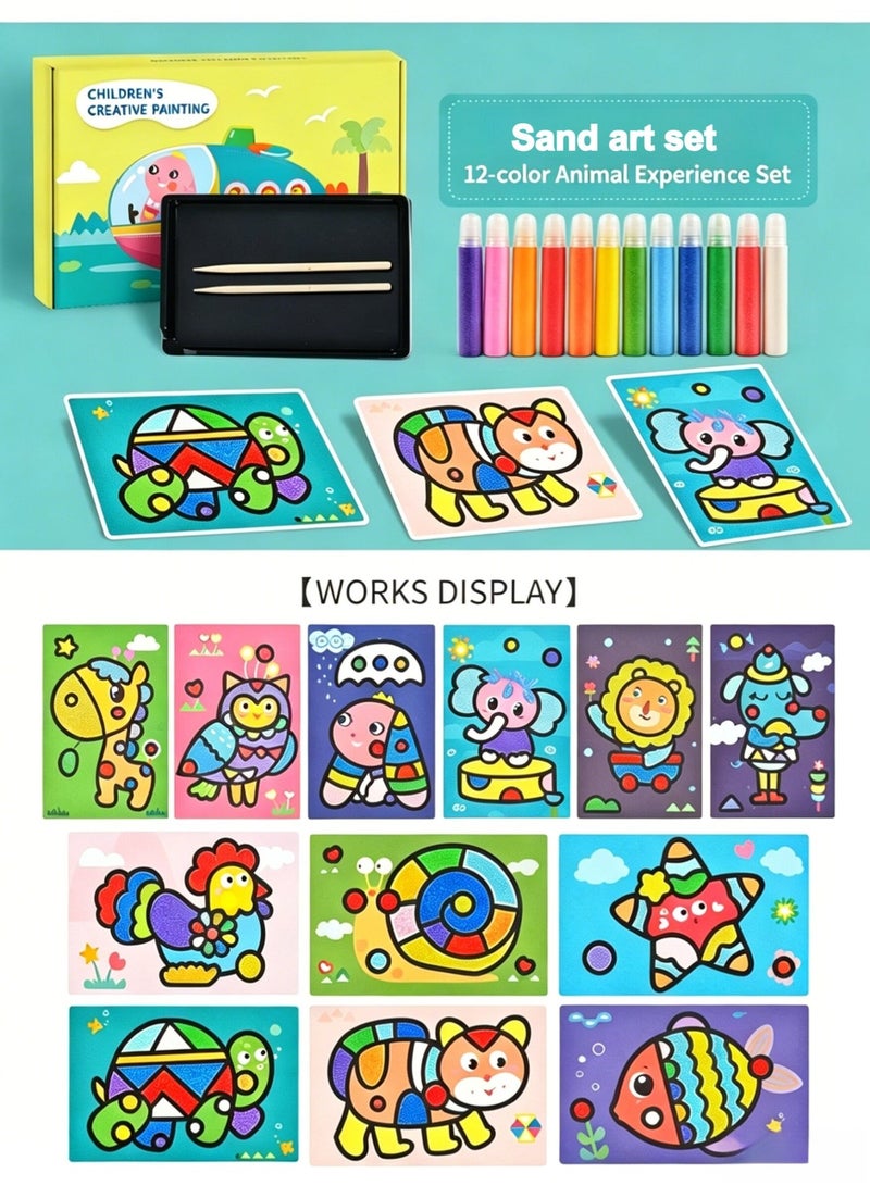 Joudiplay Children’s coloured sand art set, bottle-style shake-and-create sand art set, creative DIY sand art craft set for toddlers, complete DIY sand art kit including 12 colours of sand, 12 picture sheets and a sand tray, animal theme - Image 2