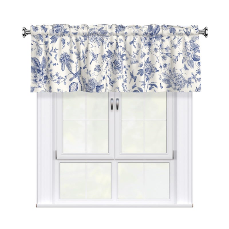 Giwawa Chinoiserie Flowers Curtain Valance Blue Leaves Rod Pocket Window Treatment Valances 54" x 18" Blackout Curtain for Kitchen Bedroom, 1 Panel - Image 1