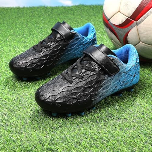 Skerxut Soccer Cleats, Kids Firm Ground Football Shoes, Boys Girls Athletic Outdoor (Black/Blue, Big Kid, 2, Numeric, US Footwear Size System, Medium) - Image 3