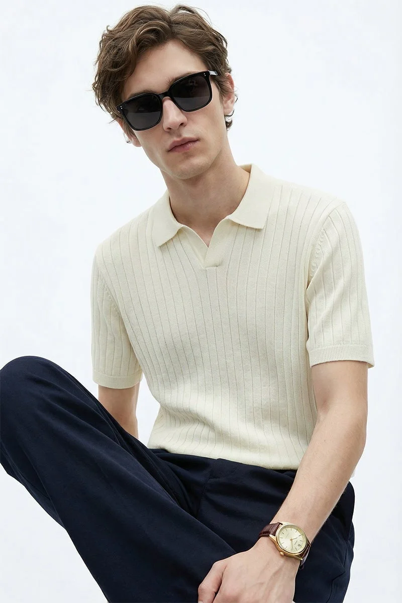 SNITCH Off-White Ribbed Half Sleeve Regular Fit T-Shirt