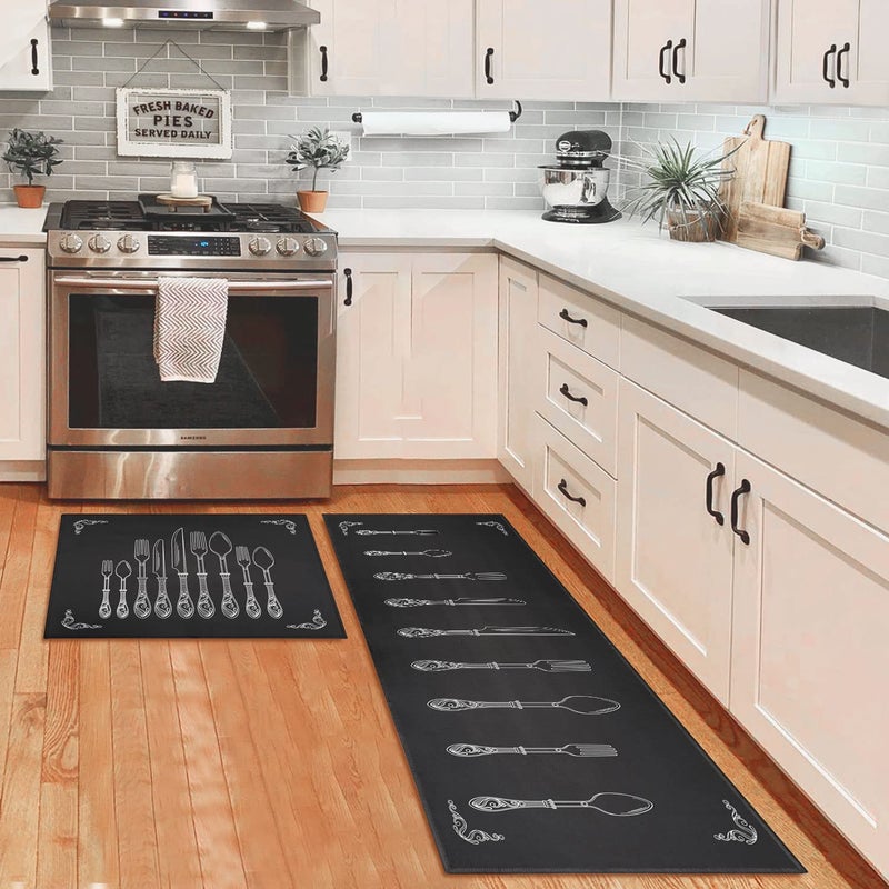 OUXIOAZ Black Kitchen Rugs and Mats Non Skid Washable Absorbent Microfiber Kitchen Mat for Floor Anti Fatigue Kitchen Mat Set of 2 Black Kitchen Decor Stain Resistant 17"x47.2"+17"x30" - Image 1