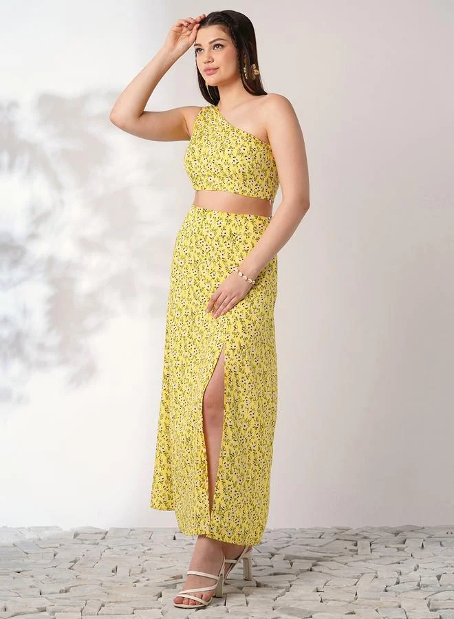 globus Yellow Floral One-Shoulder Crop Top and Skirt Co-Ords