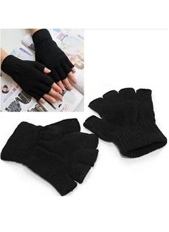 Generic Black Short Half Finger Fingerless Wool Knit Wrist Glove Winter Warm Workout for Women and Men  - Image 1