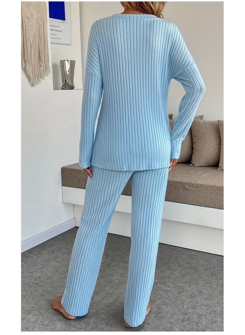 SOLOBUY Women's pyjama set, Soft and Comfy, Color Blue, Long Sleeve, Pants  - Image 3