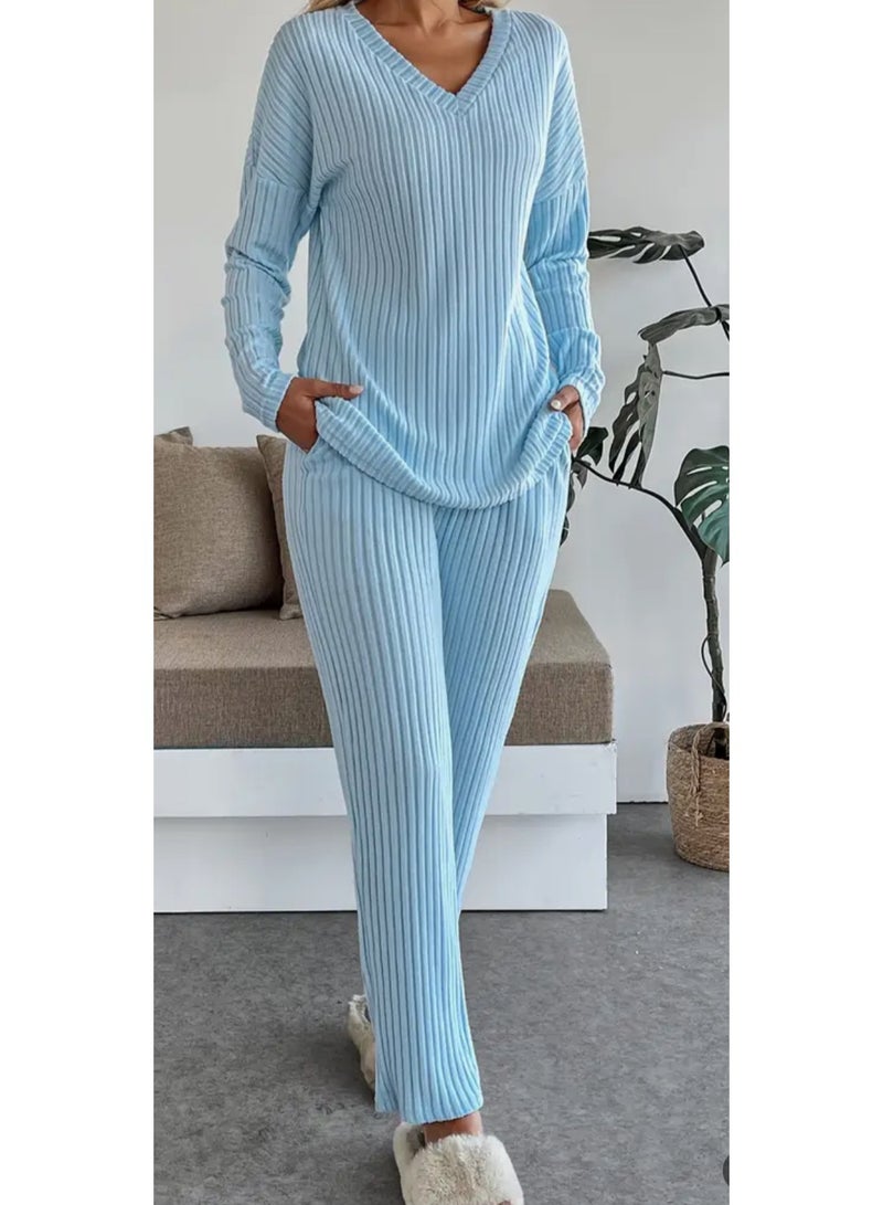 SOLOBUY Women's pyjama set, Soft and Comfy, Color Blue, Long Sleeve, Pants  - Image 1