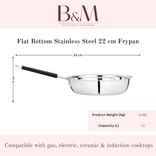 BOWLS  MORE BOWLS & MORE | Flat Bottom Frying Pan | 22 cm / 1.5 litres | Heavyduty Stainless Steel with Heat-Resistant Handle | Gas Stove Compatible | Matt Glossy Finish (Silver) - Image 3