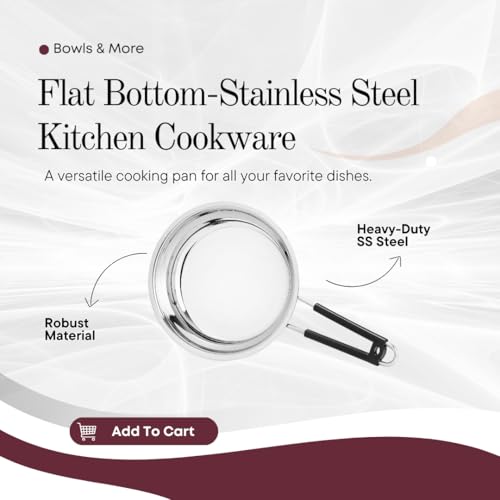 BOWLS  MORE BOWLS & MORE | Flat Bottom Frying Pan | 22 cm / 1.5 litres | Heavyduty Stainless Steel with Heat-Resistant Handle | Gas Stove Compatible | Matt Glossy Finish (Silver) - Image 5