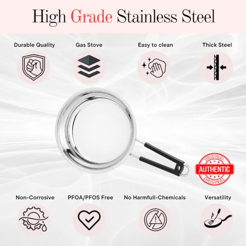 BOWLS  MORE BOWLS & MORE | Flat Bottom Frying Pan | 22 cm / 1.5 litres | Heavyduty Stainless Steel with Heat-Resistant Handle | Gas Stove Compatible | Matt Glossy Finish (Silver) - Image 4