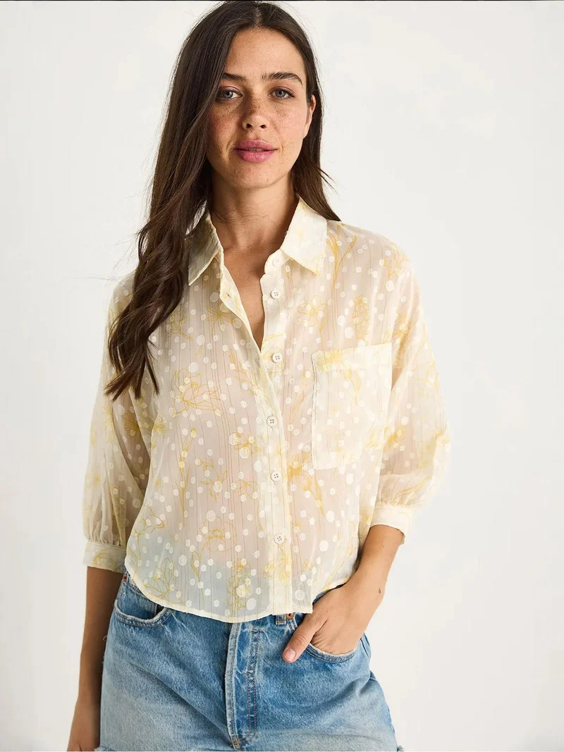Bianco Lucci Lemon Yellow LUCCI Floral Jacquard Short Sleeve Button-Up Shirt with Pocket for Women | Best Price UAE