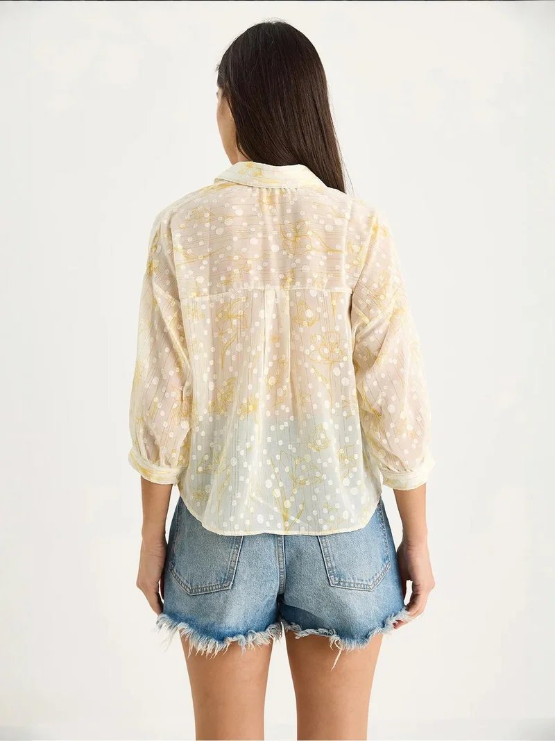 Bianco Lucci Lemon Yellow LUCCI Floral Jacquard Short Sleeve Button-Up Shirt with Pocket for Women | Best Price UAE