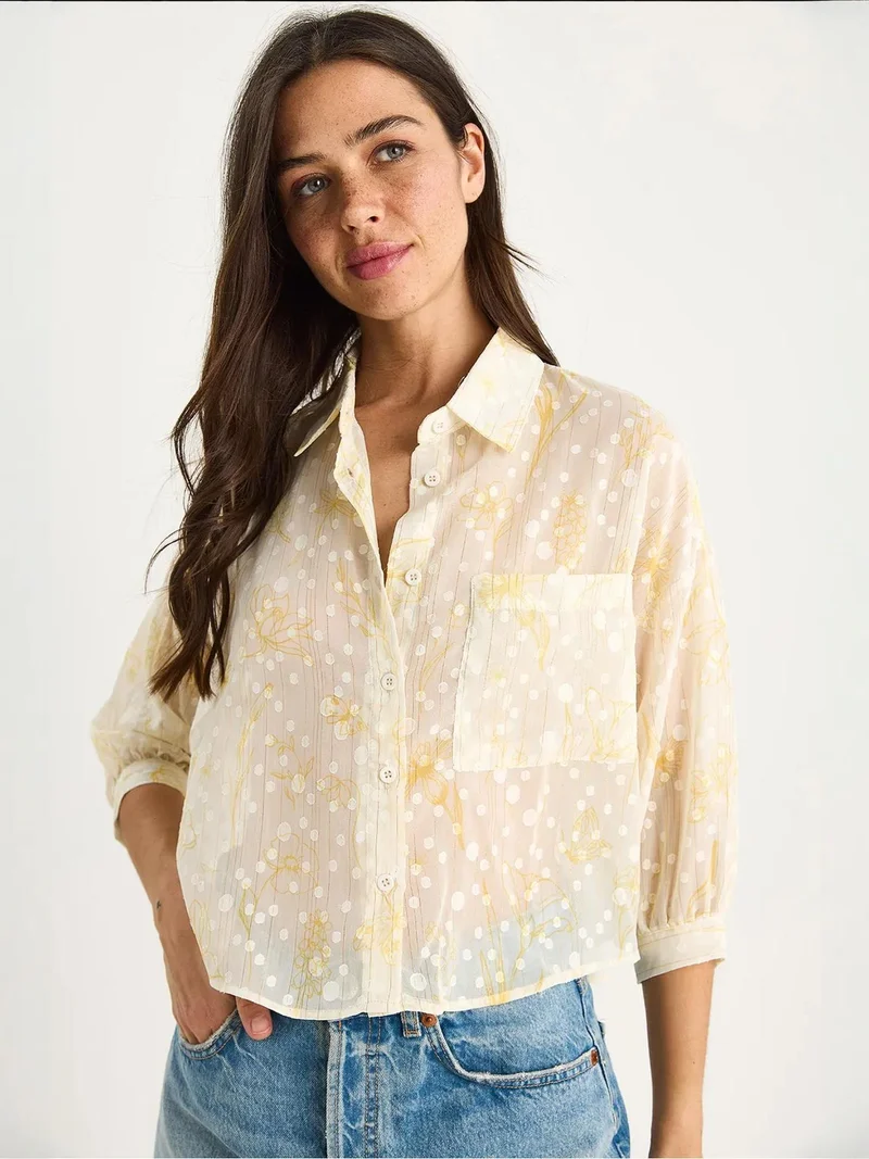 Bianco Lucci Lemon Yellow LUCCI Floral Jacquard Short Sleeve Button-Up Shirt with Pocket for Women | Best Price UAE