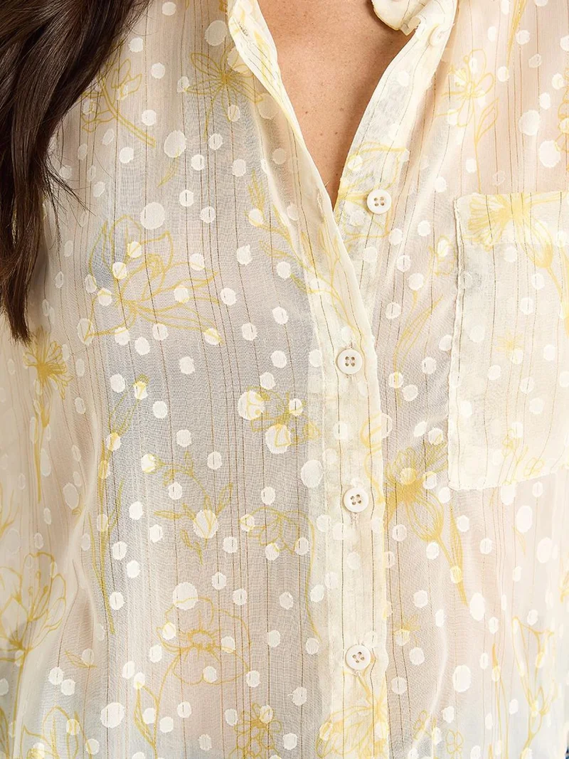 Bianco Lucci Lemon Yellow LUCCI Floral Jacquard Short Sleeve Button-Up Shirt with Pocket for Women | Best Price UAE