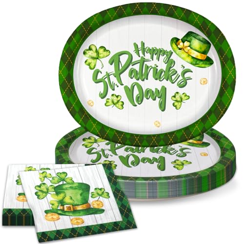 VEIZEDD 40Pcs St.Patricks Day Oval Paper Plates and Napkins,Large 12" x 10" Green Plaid Shamrock Heavy Duty Dinner Plates for Irish Holiday St. Patrick's Day Disposable Party Supplies - Image 1