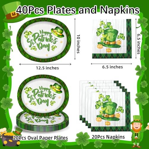 VEIZEDD 40Pcs St.Patricks Day Oval Paper Plates and Napkins,Large 12" x 10" Green Plaid Shamrock Heavy Duty Dinner Plates for Irish Holiday St. Patrick's Day Disposable Party Supplies - Image 2