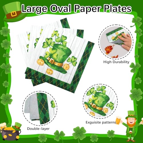 VEIZEDD 40Pcs St.Patricks Day Oval Paper Plates and Napkins,Large 12" x 10" Green Plaid Shamrock Heavy Duty Dinner Plates for Irish Holiday St. Patrick's Day Disposable Party Supplies - Image 4