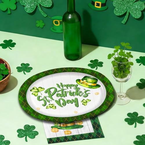VEIZEDD 40Pcs St.Patricks Day Oval Paper Plates and Napkins,Large 12" x 10" Green Plaid Shamrock Heavy Duty Dinner Plates for Irish Holiday St. Patrick's Day Disposable Party Supplies - Image 5