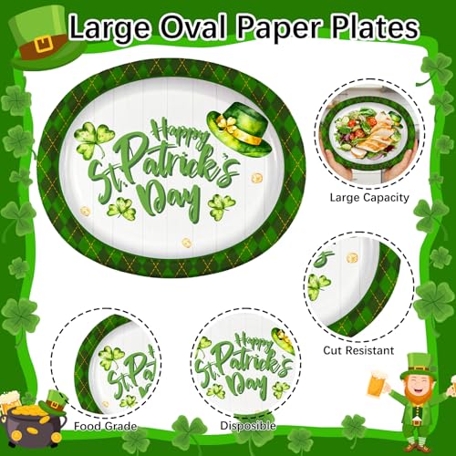 VEIZEDD 40Pcs St.Patricks Day Oval Paper Plates and Napkins,Large 12" x 10" Green Plaid Shamrock Heavy Duty Dinner Plates for Irish Holiday St. Patrick's Day Disposable Party Supplies - Image 3
