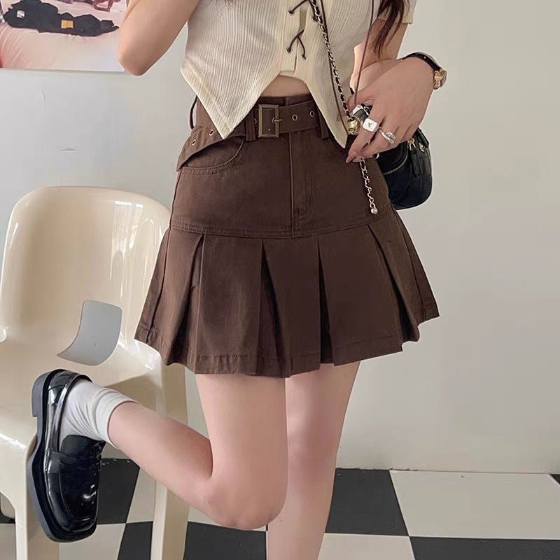 American Style Retro Girl Denim Skirt Women'S Summer 2024 Pleated Skirt A- Line Hip Skirt Slimming Brown Skirt - Image 1