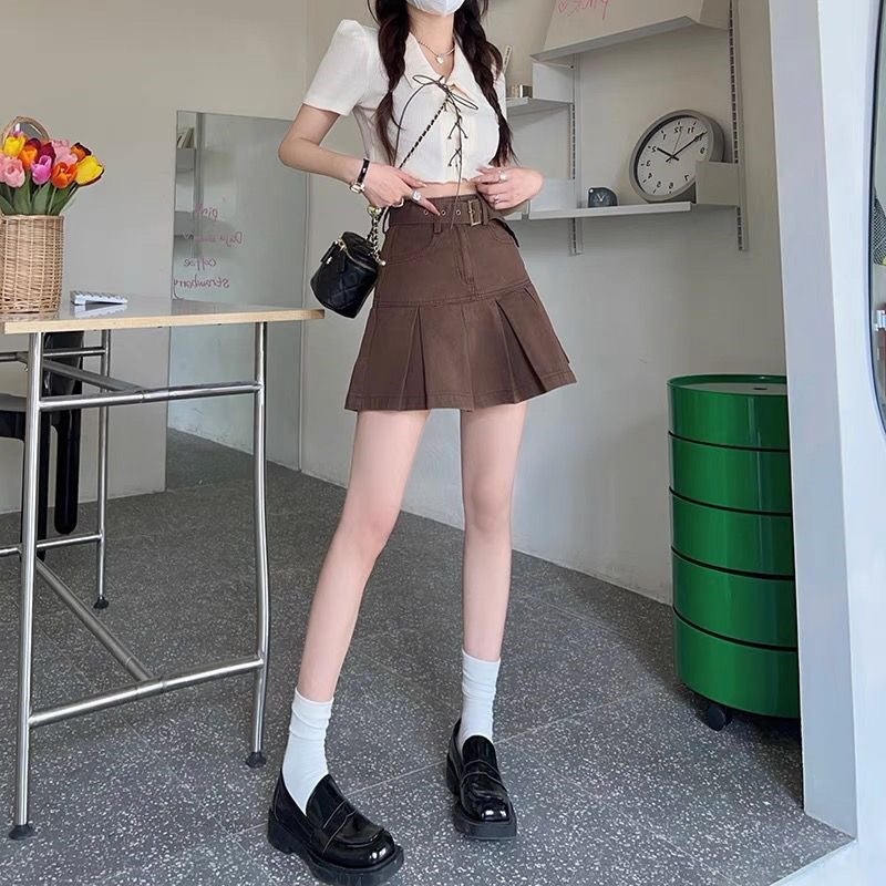 American Style Retro Girl Denim Skirt Women'S Summer 2024 Pleated Skirt A- Line Hip Skirt Slimming Brown Skirt - Image 5