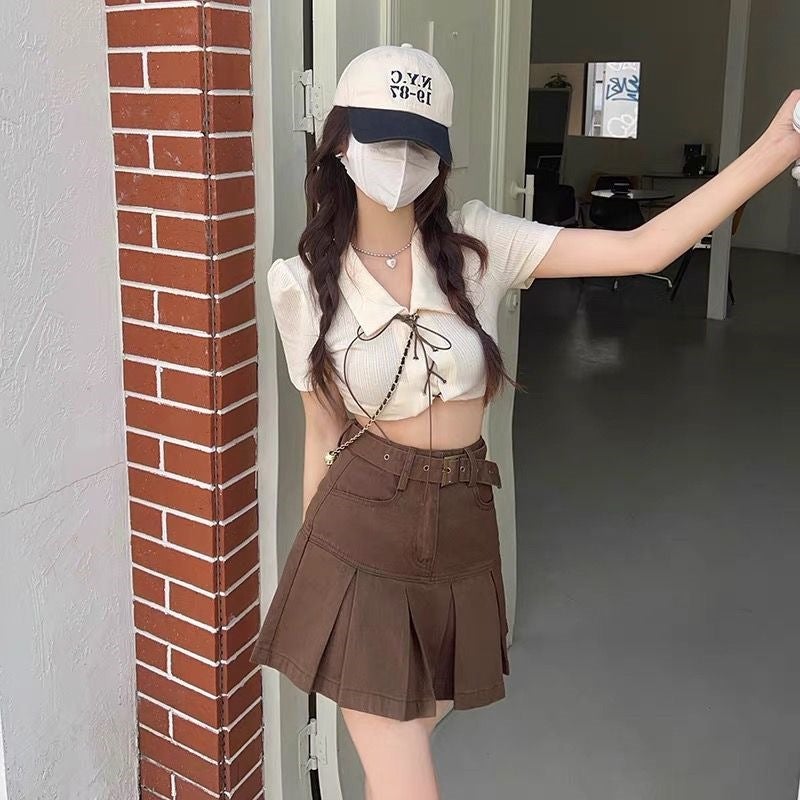 American Style Retro Girl Denim Skirt Women'S Summer 2024 Pleated Skirt A- Line Hip Skirt Slimming Brown Skirt - Image 4