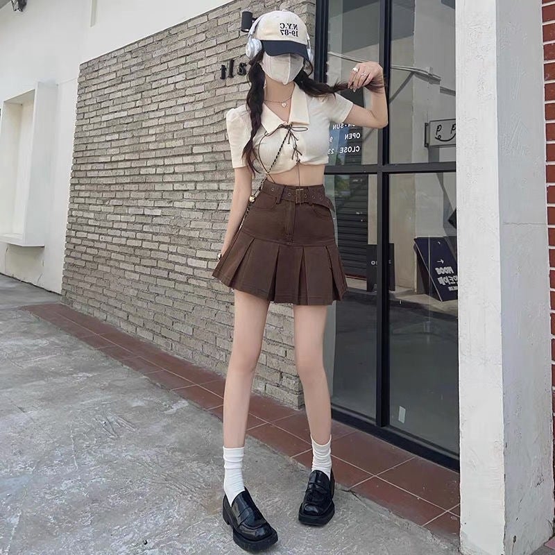 American Style Retro Girl Denim Skirt Women'S Summer 2024 Pleated Skirt A- Line Hip Skirt Slimming Brown Skirt - Image 2