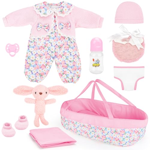 deAO Baby Doll Accessories Set Baby Doll Bassinet for 1218 Inch Baby Dolls Includes Clothes Carrier Bed Blanket Diapers Pretend Play Set Toys for Kids - Image 1