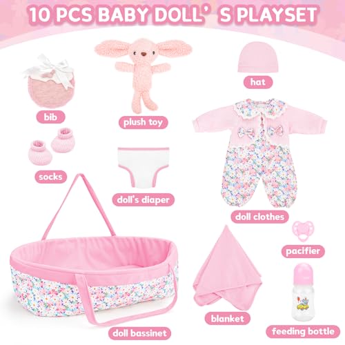 deAO Baby Doll Accessories Set Baby Doll Bassinet for 1218 Inch Baby Dolls Includes Clothes Carrier Bed Blanket Diapers Pretend Play Set Toys for Kids - Image 5