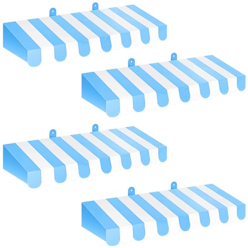 Boao 4 Pack Blue and White Awning Decoration 3D Stripe Cardboard Awning Carnival Wall Decor Circus Party Favors for Lemonade Stand Bakery Ice Cream Truck Bulletin Board Decor - Image 1