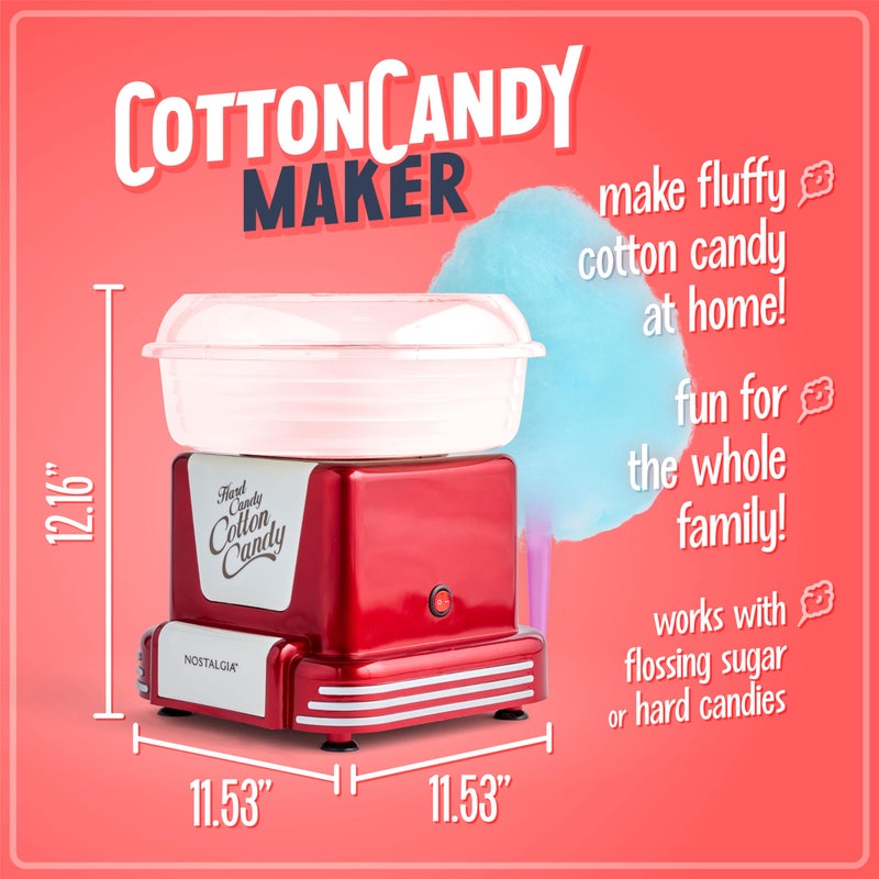 Nostalgia Cotton Candy Machine - Retro Cotton Candy Machine for Kids with 2 Reusable Cones, 1 Sugar Scoop, and 1 Extractor Head - Red - Image 2