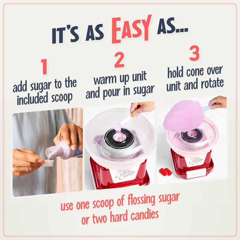 Nostalgia Cotton Candy Machine - Retro Cotton Candy Machine for Kids with 2 Reusable Cones, 1 Sugar Scoop, and 1 Extractor Head - Red - Image 4